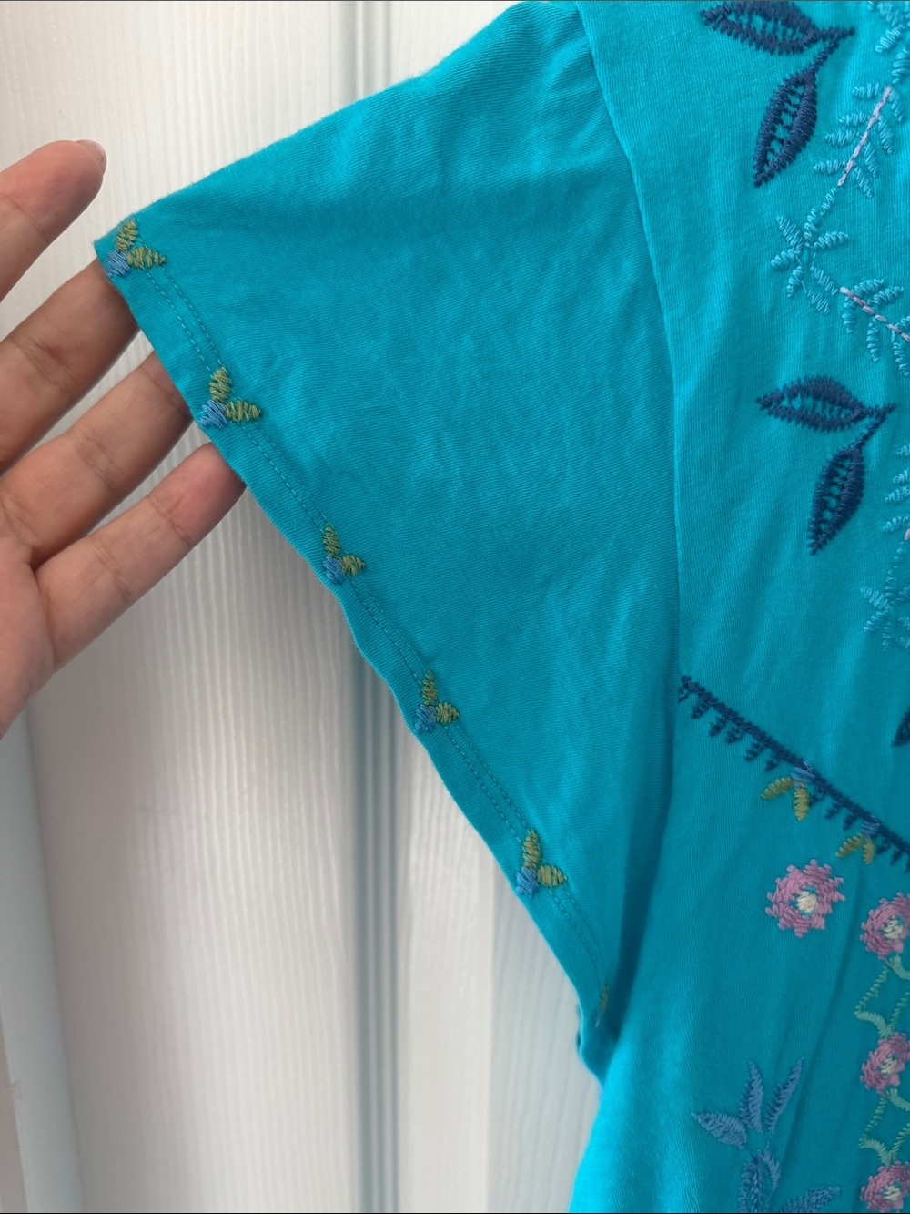 Johnny Was Teal Short-Sleeve Embroidered V-Neck Top - Picture 3 of 5